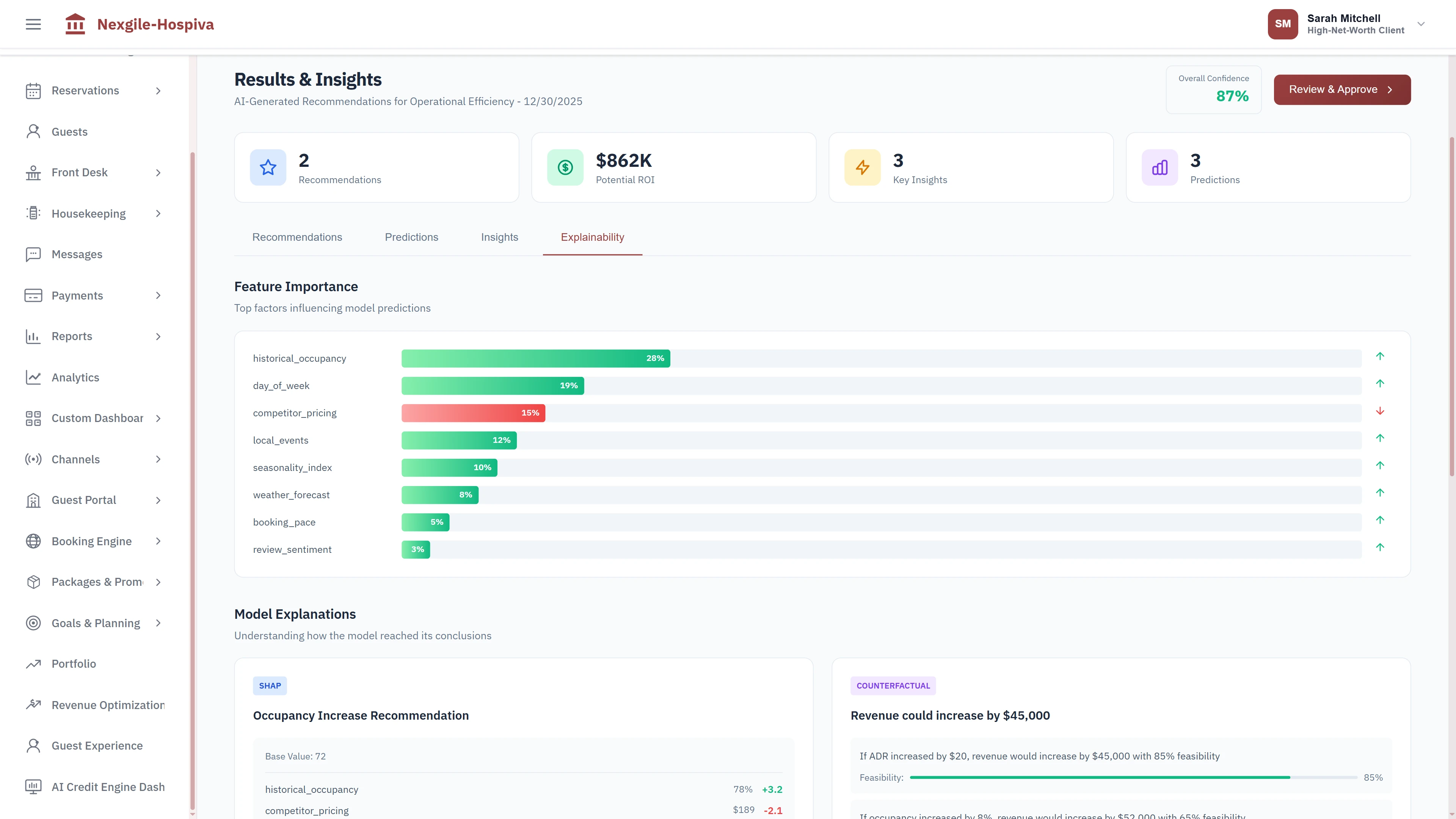 Illustrative preview (sample data, not verified outcomes): AI explainability interface with feature importance analysis, SHAP values, and counterfactual explanations for transparent decision-making