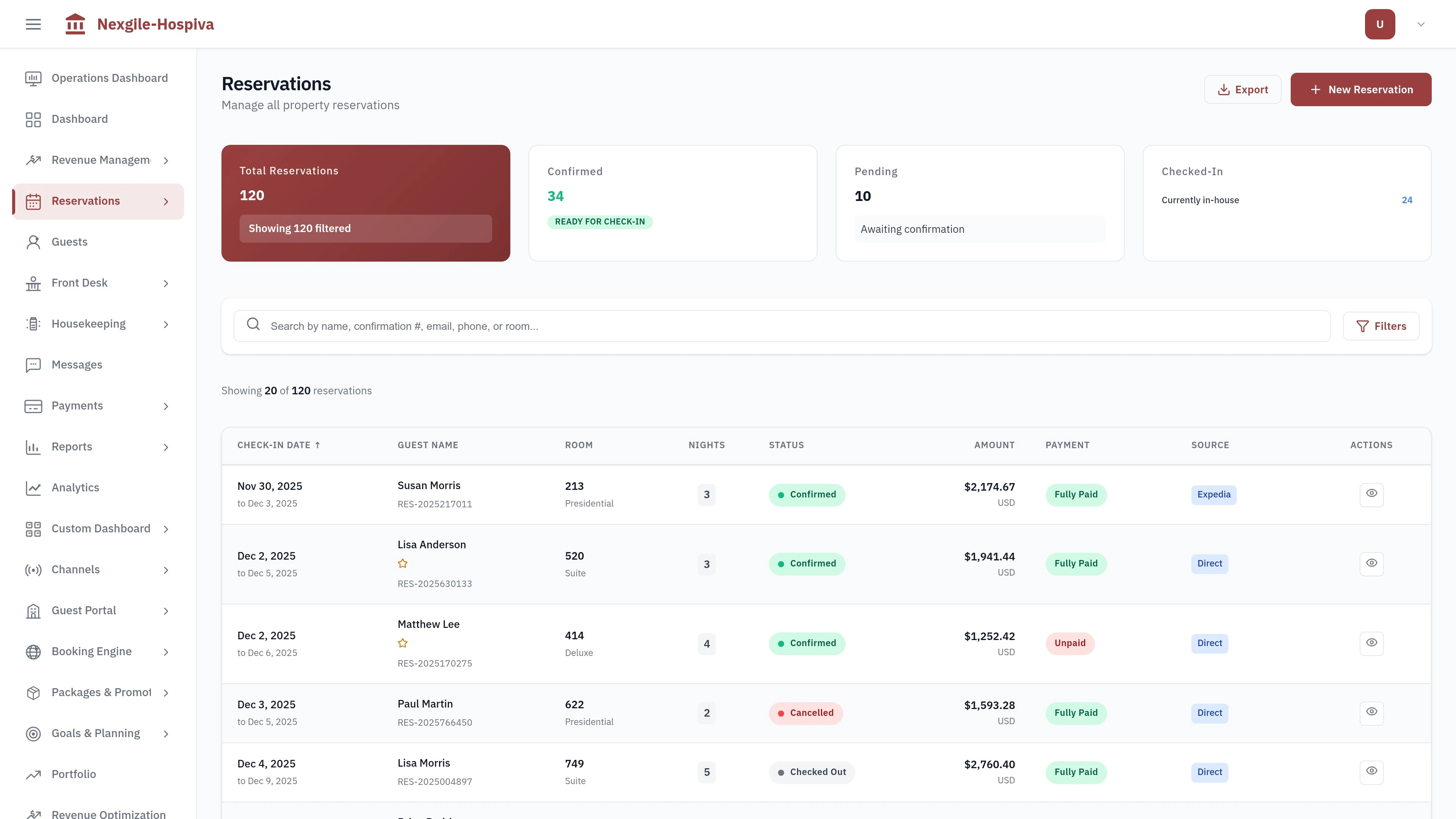 Illustrative preview (sample data, not verified outcomes): Nexgile-Hospiva Hub - Reservations List View