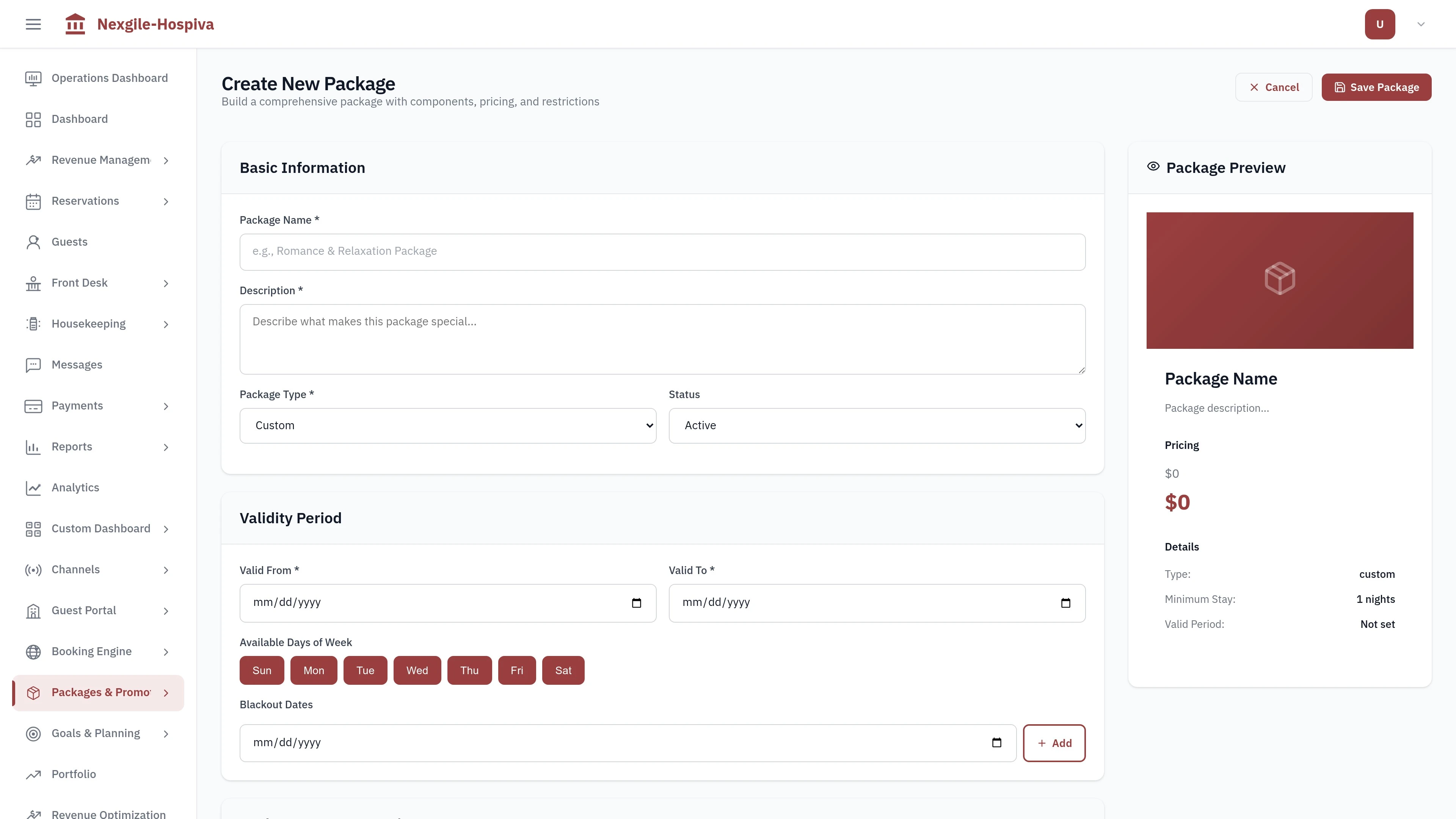 Illustrative preview (sample data, not verified outcomes): Package Builder interface showing travel package creation and management tools