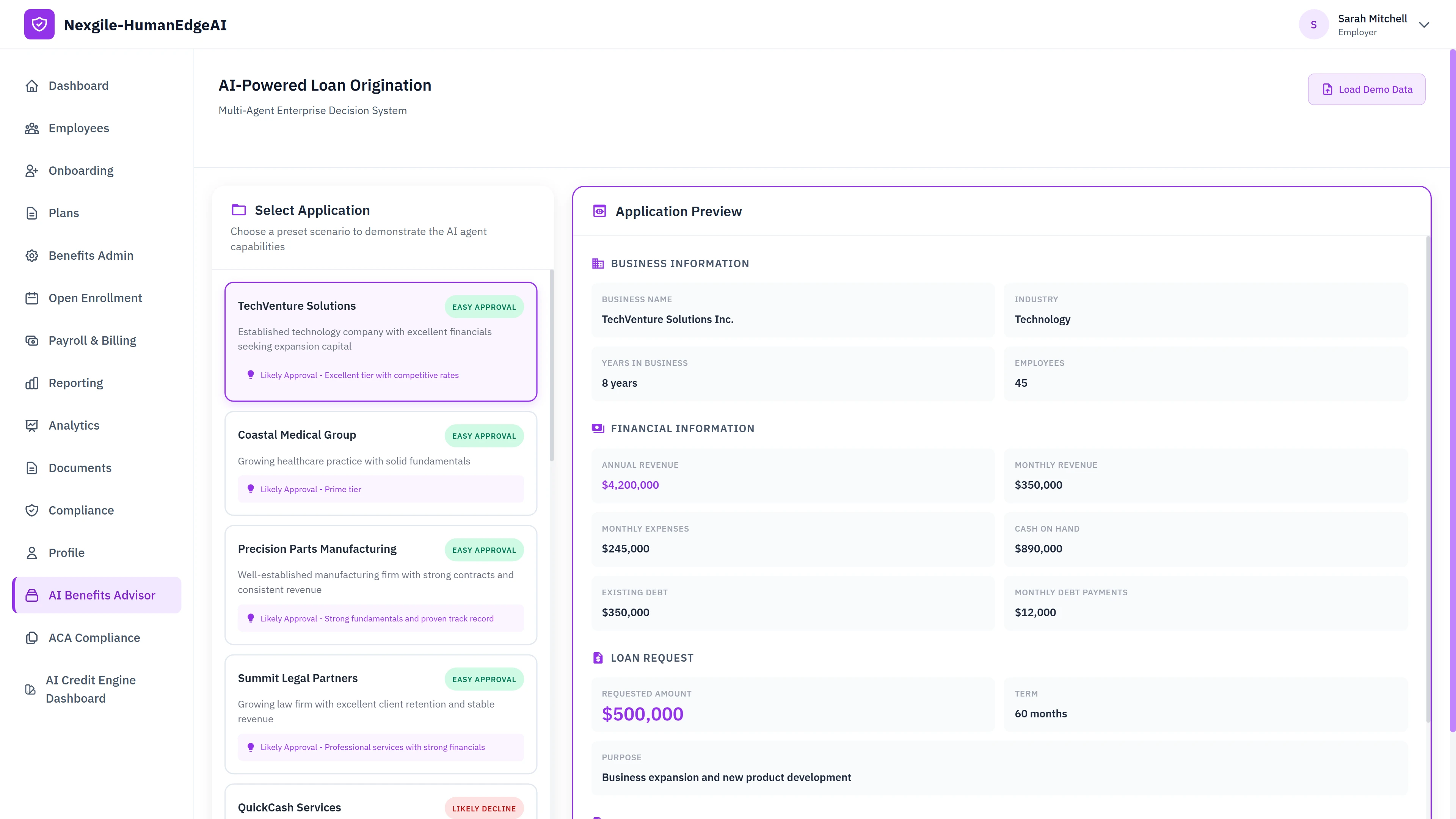 Illustrative preview (sample data, not verified outcomes): Application selection interface displaying preset business profiles with approval likelihood indicators, business information preview, financial details, and loan request parameters for the multi-agent enterprise decision system
