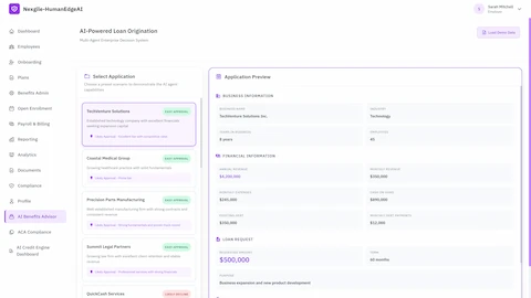 Illustrative preview (sample data, not verified outcomes): Application selection interface displaying preset business profiles with approval likelihood indicators, business information preview, financial details, and loan request parameters for the multi-agent enterprise decision system
