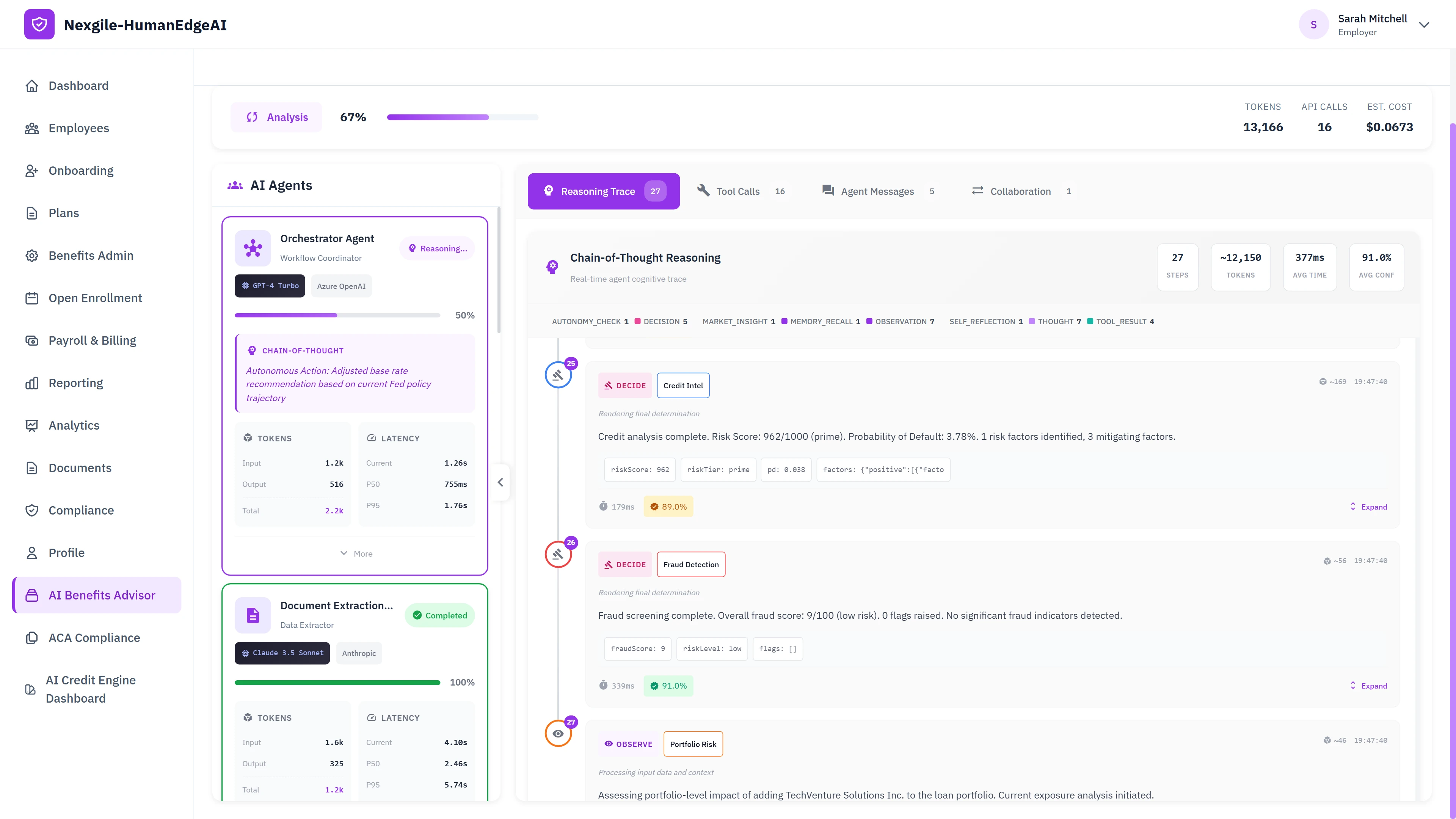 Illustrative preview (sample data, not verified outcomes): AI Agents analysis dashboard showing real-time chain-of-thought reasoning traces, credit intelligence and fraud detection results with confidence scores, token usage metrics, and orchestrator workflow coordination during loan processing