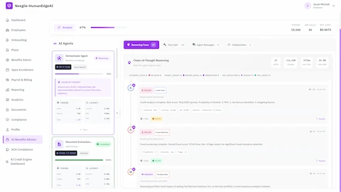 Illustrative preview (sample data, not verified outcomes): AI Agents analysis dashboard showing real-time chain-of-thought reasoning traces, credit intelligence and fraud detection results with confidence scores, token usage metrics, and orchestrator workflow coordination during loan processing