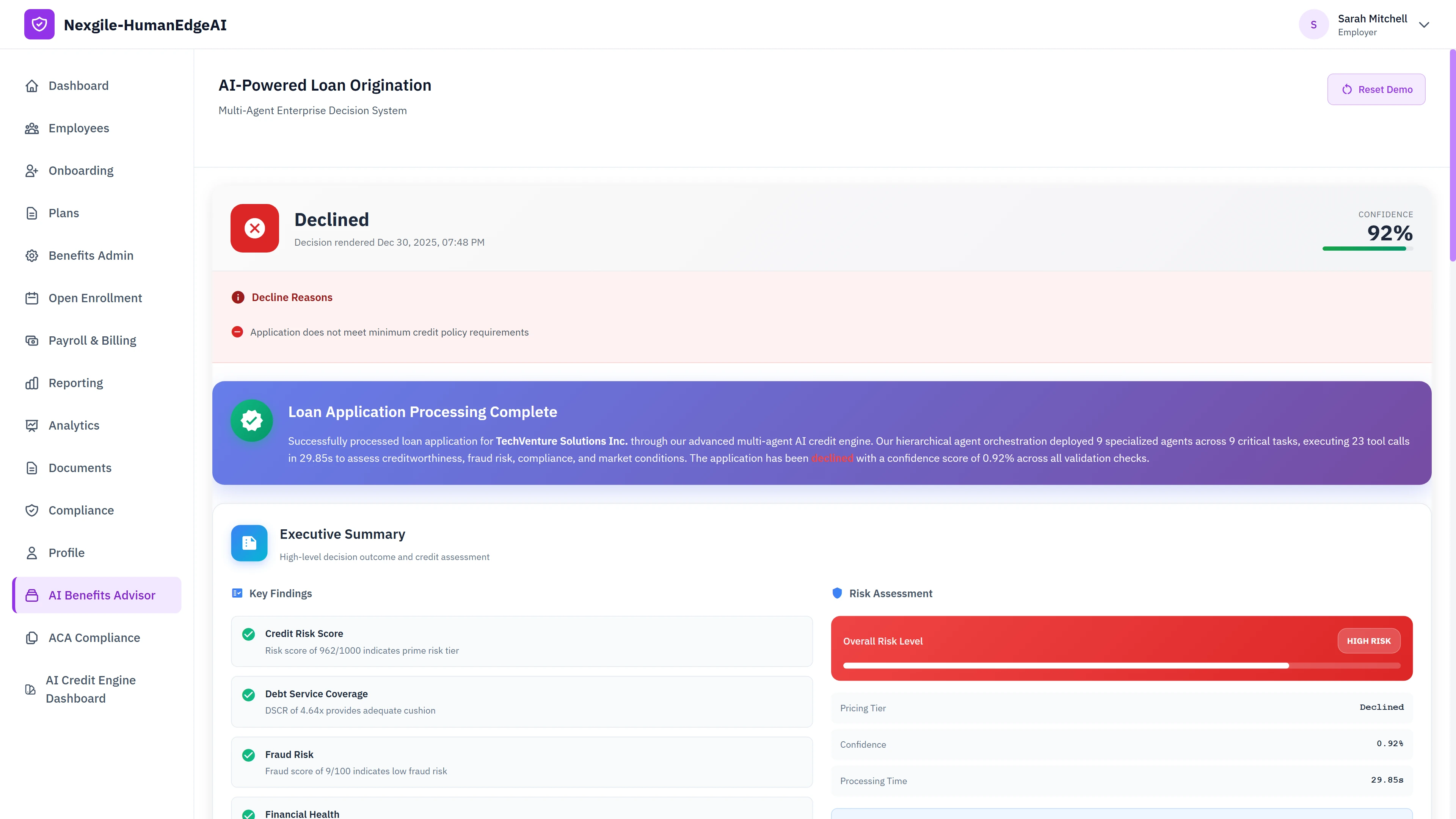 Illustrative preview (sample data, not verified outcomes): Loan decision outcome screen displaying declined status with 92% confidence, executive summary with key findings including credit risk score, debt service coverage ratio, fraud risk assessment, and overall risk level classification