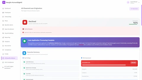 Illustrative preview (sample data, not verified outcomes): Loan decision outcome screen displaying declined status with 92% confidence, executive summary with key findings including credit risk score, debt service coverage ratio, fraud risk assessment, and overall risk level classification