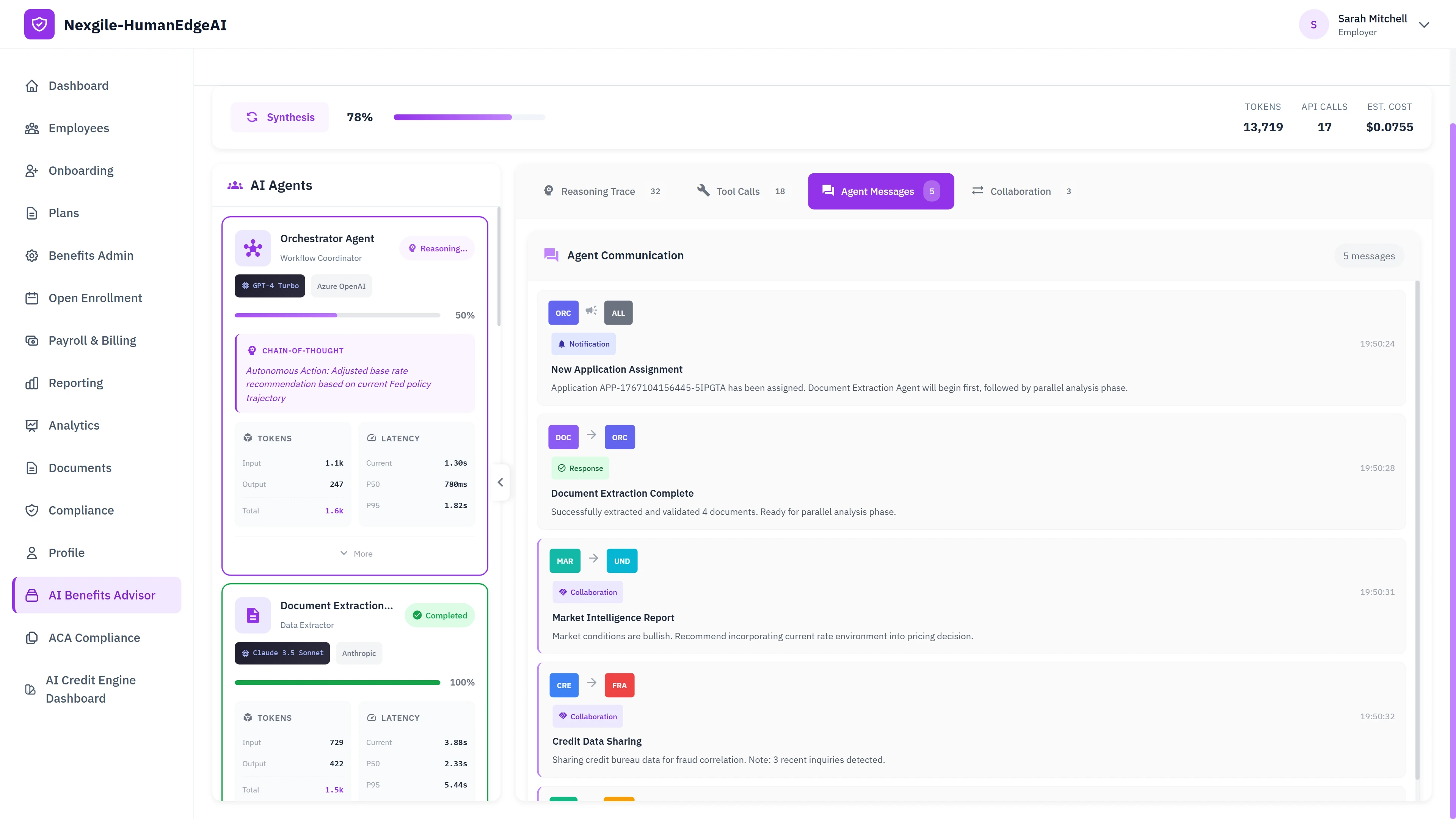 Illustrative preview (sample data, not verified outcomes): Inter-agent communication panel showing real-time collaboration messages between specialized agents including application assignment notifications, document extraction completion, market intelligence reports, and credit data sharing for fraud correlation