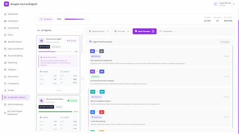 Illustrative preview (sample data, not verified outcomes): Inter-agent communication panel showing real-time collaboration messages between specialized agents including application assignment notifications, document extraction completion, market intelligence reports, and credit data sharing for fraud correlation