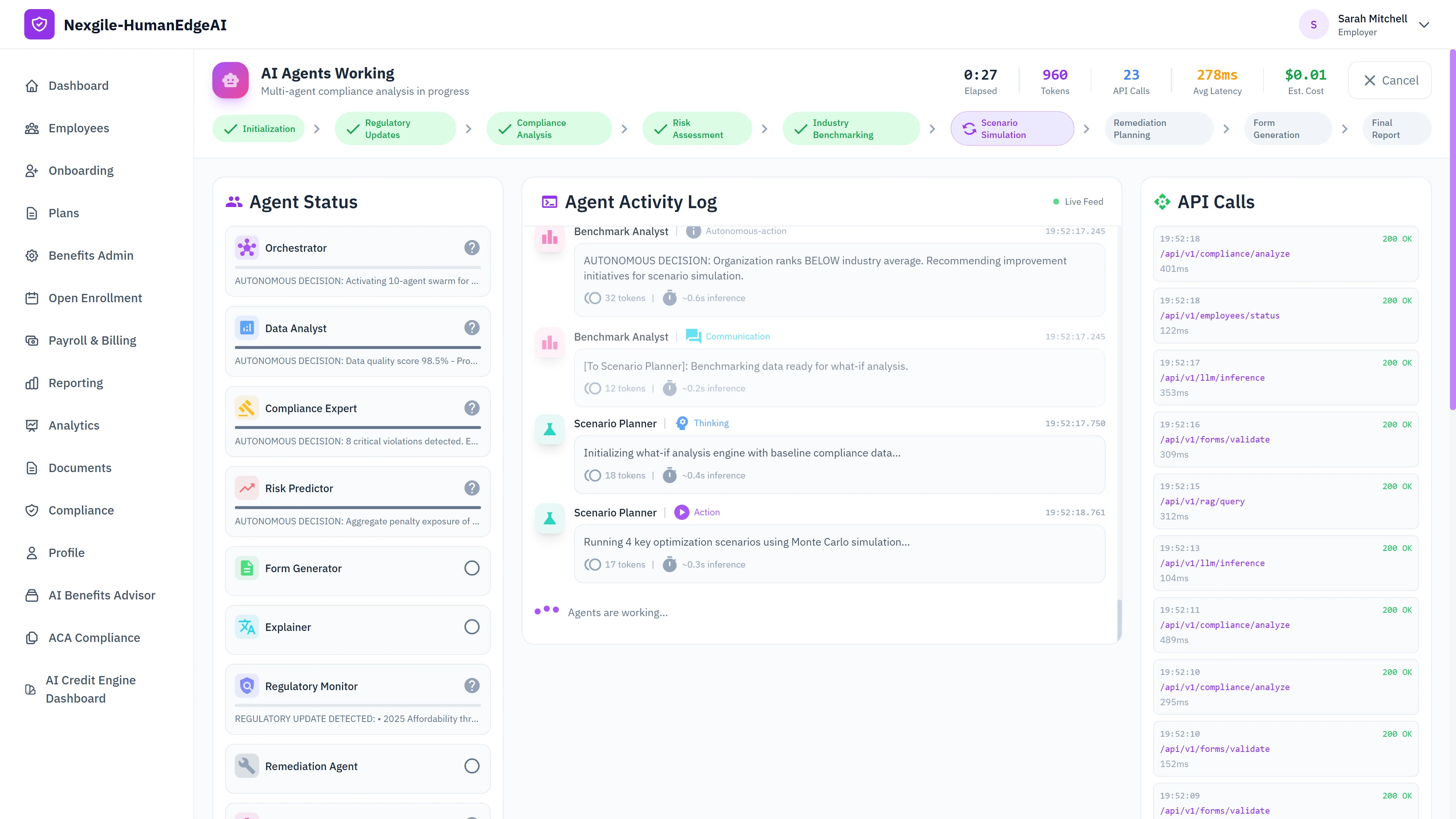 Illustrative preview (sample data, not verified outcomes): Multi-agent compliance analysis dashboard showing 10 AI agents working in parallel with real-time status indicators, agent activity log with benchmark analyst and scenario planner actions, live API calls monitoring, and workflow phase progression from initialization through final report generation