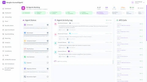 Illustrative preview (sample data, not verified outcomes): Multi-agent compliance analysis dashboard showing 10 AI agents working in parallel with real-time status indicators, agent activity log with benchmark analyst and scenario planner actions, live API calls monitoring, and workflow phase progression from initialization through final report generation