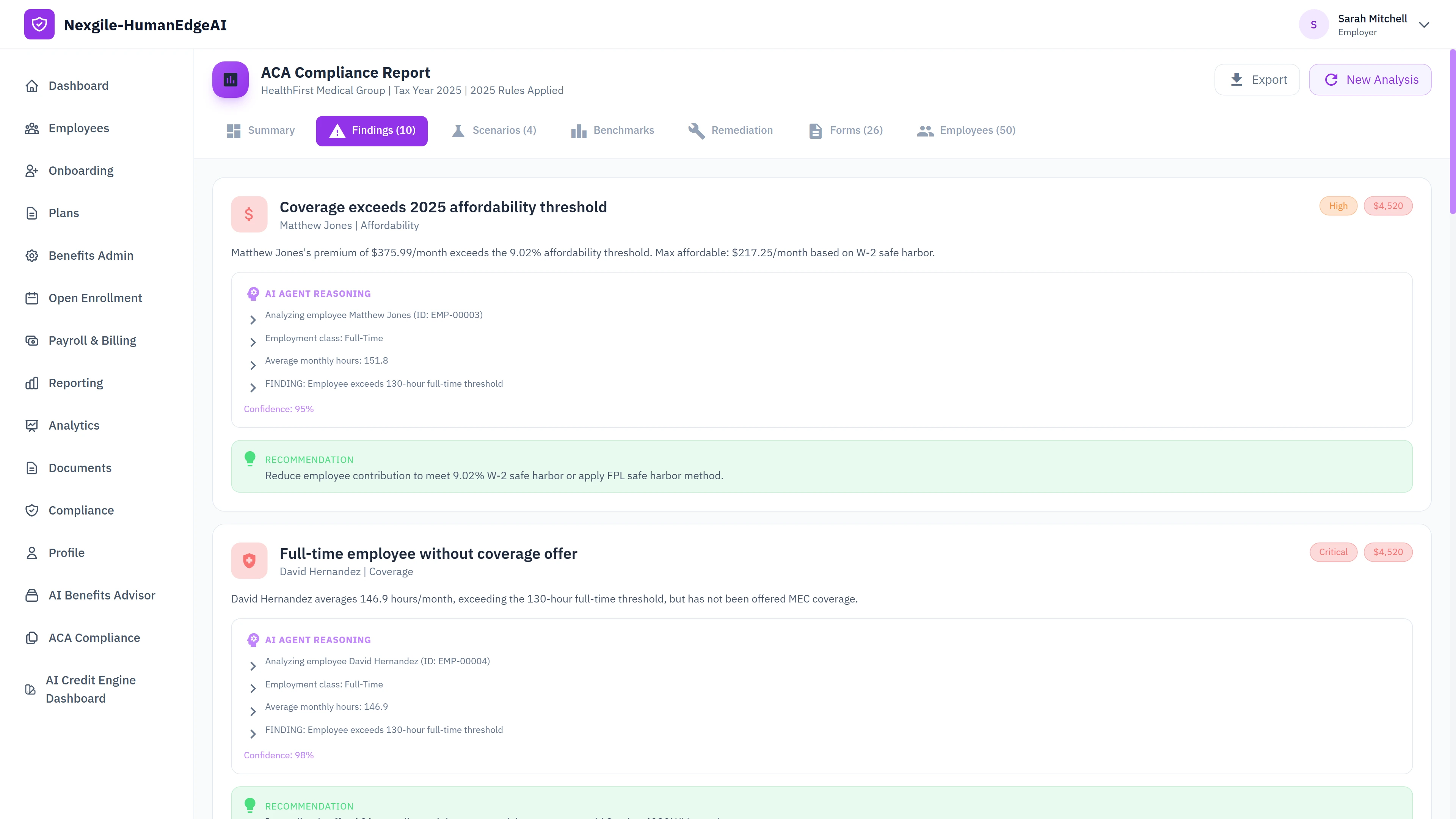 Illustrative preview (sample data, not verified outcomes): Compliance findings detail view showing specific violations with AI agent reasoning traces, including affordability threshold exceedances and full-time employees without coverage offers, with confidence scores and actionable remediation recommendations for each finding