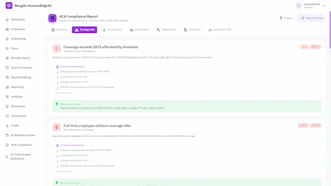 Illustrative preview (sample data, not verified outcomes): Compliance findings detail view showing specific violations with AI agent reasoning traces, including affordability threshold exceedances and full-time employees without coverage offers, with confidence scores and actionable remediation recommendations for each finding