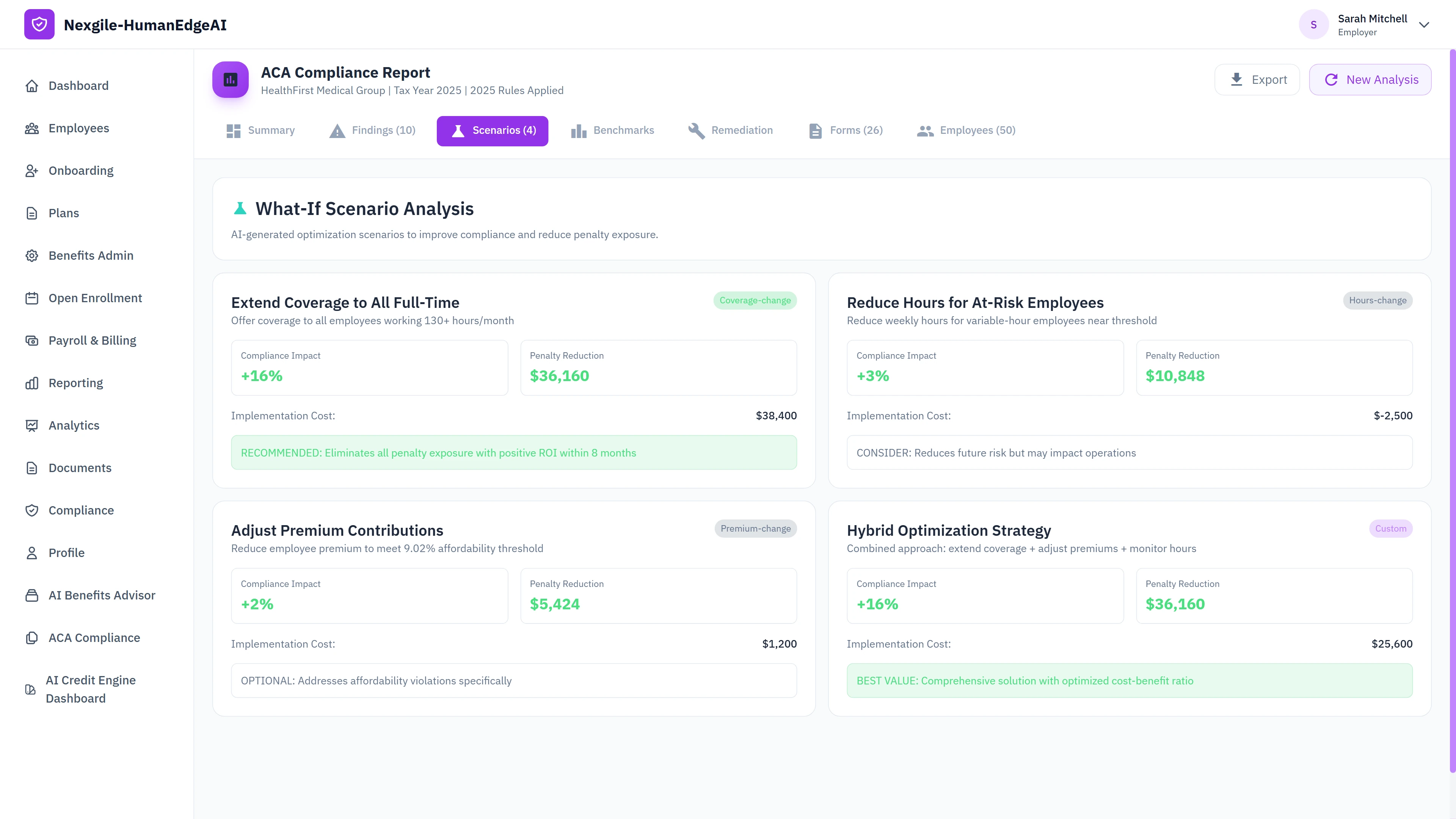 Illustrative preview (sample data, not verified outcomes): What-If Scenario Analysis interface presenting four AI-generated optimization strategies with compliance impact projections, penalty reduction estimates, implementation costs, and ROI analysis including recommended hybrid optimization approach for maximum cost-benefit ratio