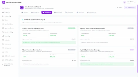 Illustrative preview (sample data, not verified outcomes): What-If Scenario Analysis interface presenting four AI-generated optimization strategies with compliance impact projections, penalty reduction estimates, implementation costs, and ROI analysis including recommended hybrid optimization approach for maximum cost-benefit ratio