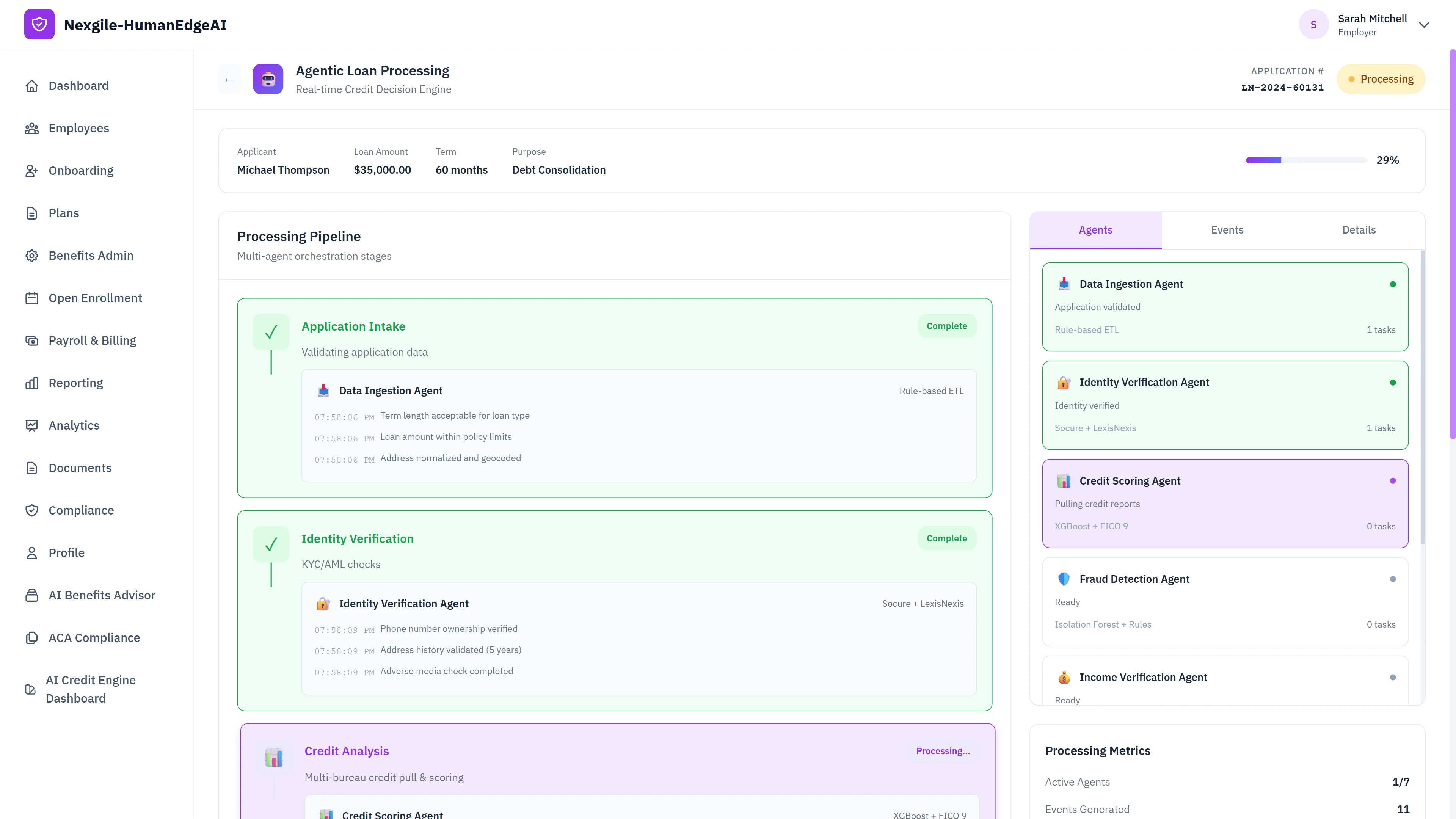 Illustrative preview (sample data, not verified outcomes): Agentic loan processing pipeline interface showing multi-stage orchestration with application intake and identity verification complete, credit analysis in progress, and real-time agent status panel displaying Data Ingestion, Identity Verification, Credit Scoring, and Fraud Detection agents with processing metrics