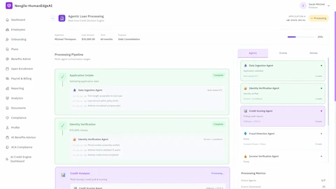 Illustrative preview (sample data, not verified outcomes): Agentic loan processing pipeline interface showing multi-stage orchestration with application intake and identity verification complete, credit analysis in progress, and real-time agent status panel displaying Data Ingestion, Identity Verification, Credit Scoring, and Fraud Detection agents with processing metrics
