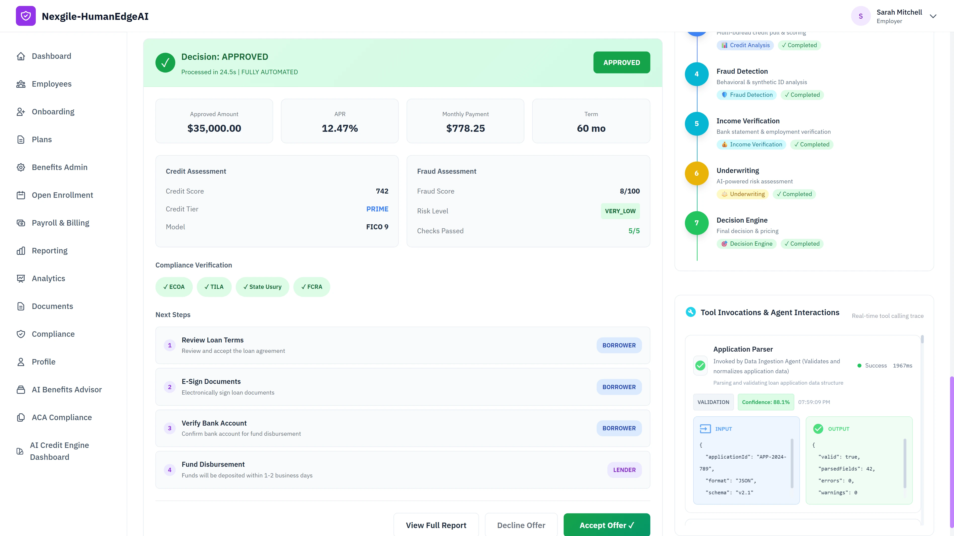 Illustrative preview (sample data, not verified outcomes): Loan decision approved screen showing $35,000 loan at 12.47% APR with $778.25 monthly payment, credit assessment displaying 742 FICO 9 score in PRIME tier, fraud assessment at 8/100 (VERY_LOW risk), compliance verification badges for ECOA, TILA, State Usury, and FCRA, and borrower next steps workflow