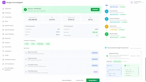 Illustrative preview (sample data, not verified outcomes): Loan decision approved screen showing $35,000 loan at 12.47% APR with $778.25 monthly payment, credit assessment displaying 742 FICO 9 score in PRIME tier, fraud assessment at 8/100 (VERY_LOW risk), compliance verification badges for ECOA, TILA, State Usury, and FCRA, and borrower next steps workflow