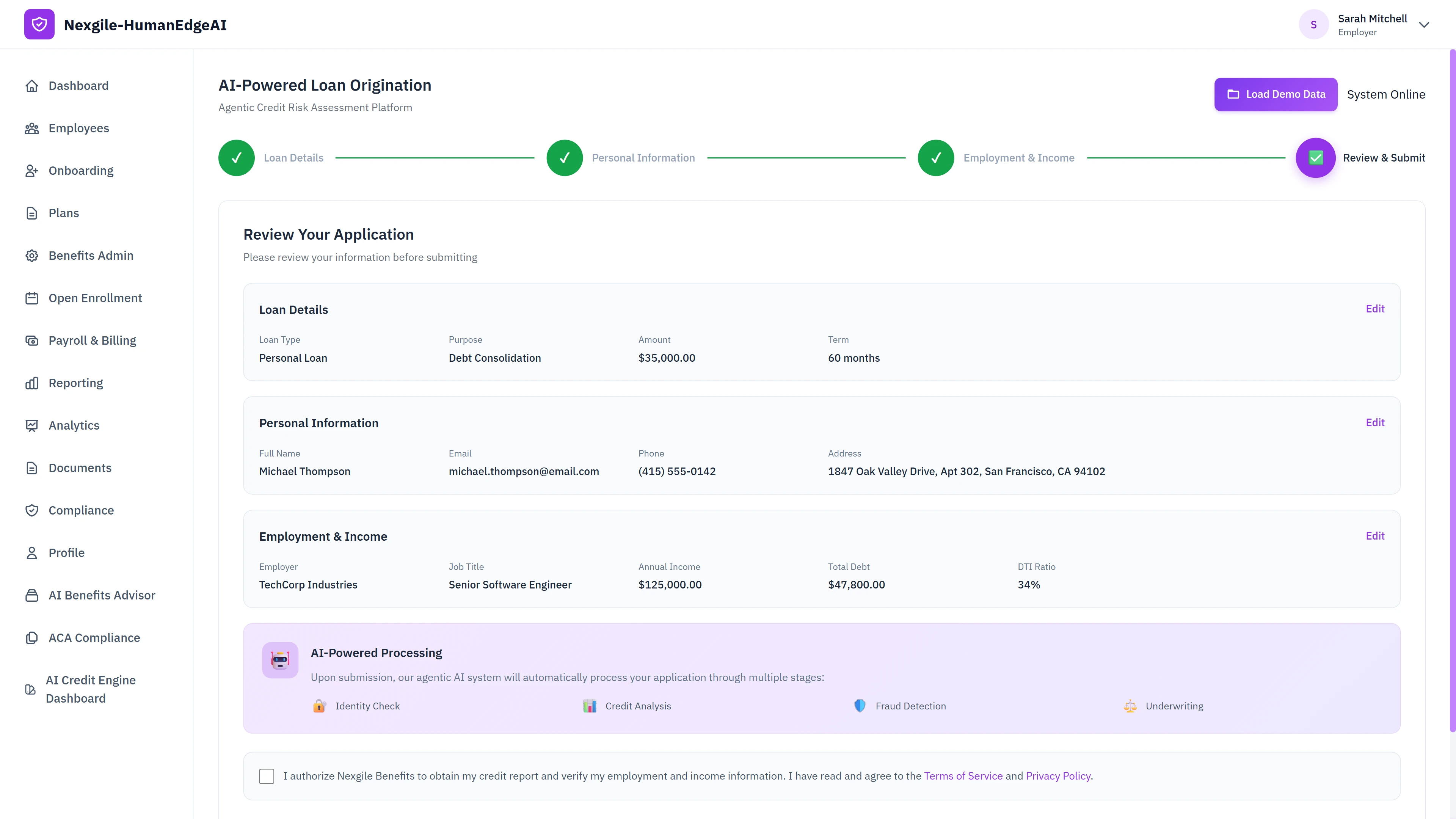 Illustrative preview (sample data, not verified outcomes): Loan application review interface showing multi-step wizard with loan details, personal information, employment and income verification displaying applicant data including $125,000 annual income and 34% DTI ratio, with AI-powered processing stages indicator and authorization consent