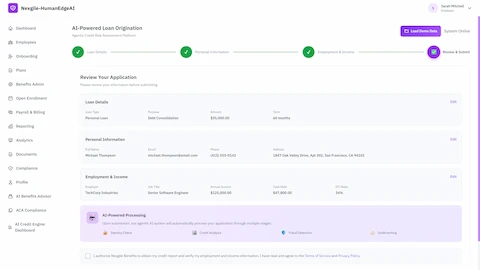 Illustrative preview (sample data, not verified outcomes): Loan application review interface showing multi-step wizard with loan details, personal information, employment and income verification displaying applicant data including $125,000 annual income and 34% DTI ratio, with AI-powered processing stages indicator and authorization consent