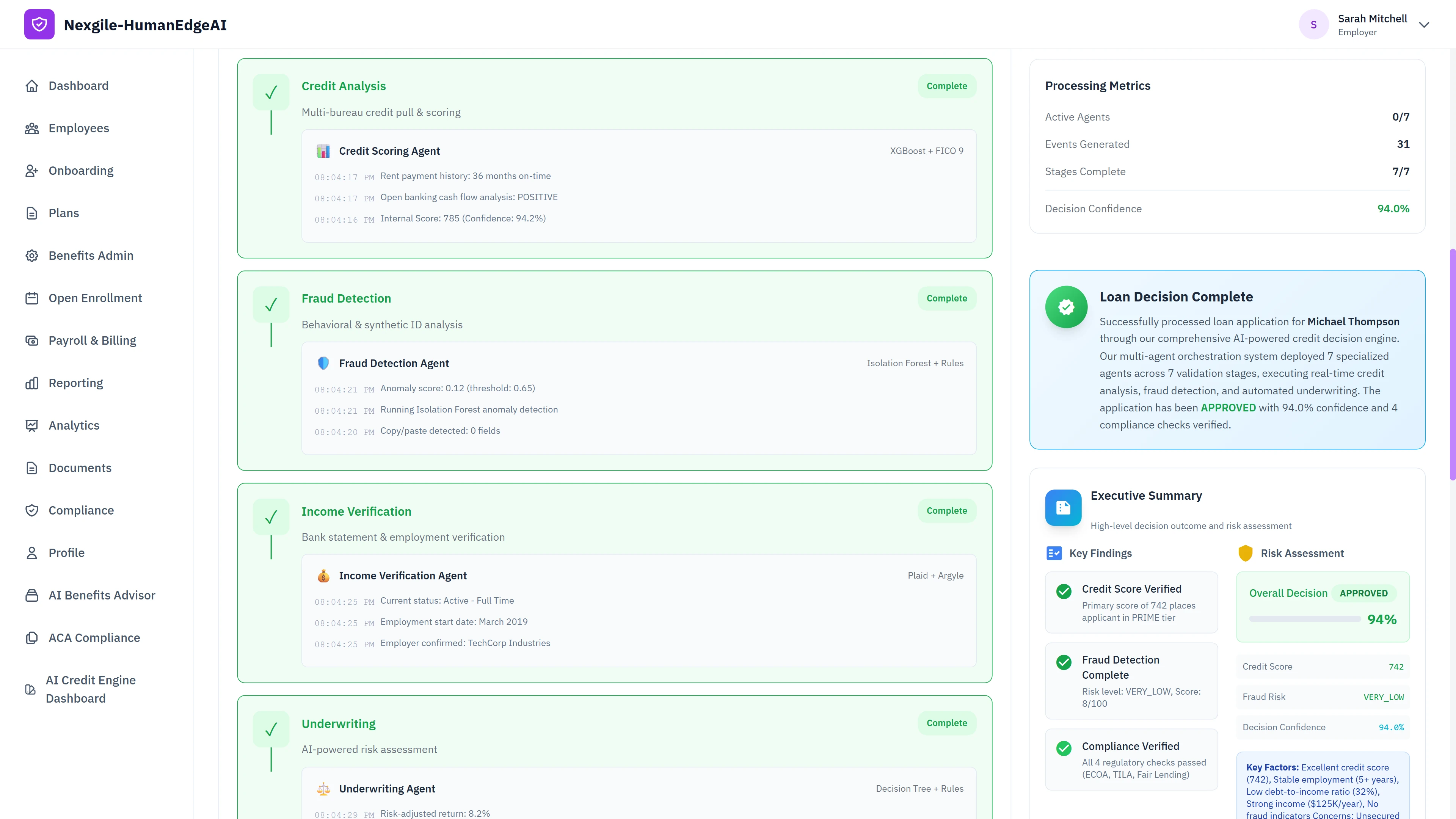Illustrative preview (sample data, not verified outcomes): Comprehensive processing results view showing completed Credit Analysis, Fraud Detection, Income Verification, and Underwriting stages with detailed agent logs, processing metrics (7/7 stages complete, 94% decision confidence), executive summary with key findings, and tool invocations trace for full audit trail transparency