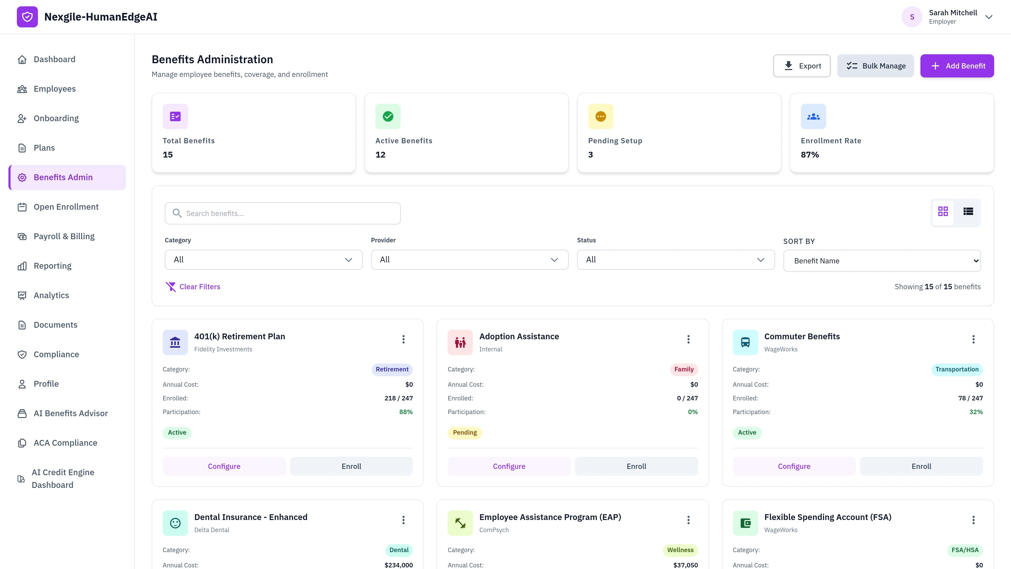 Illustrative preview (sample data, not verified outcomes): Employer Benefits Administration Dashboard