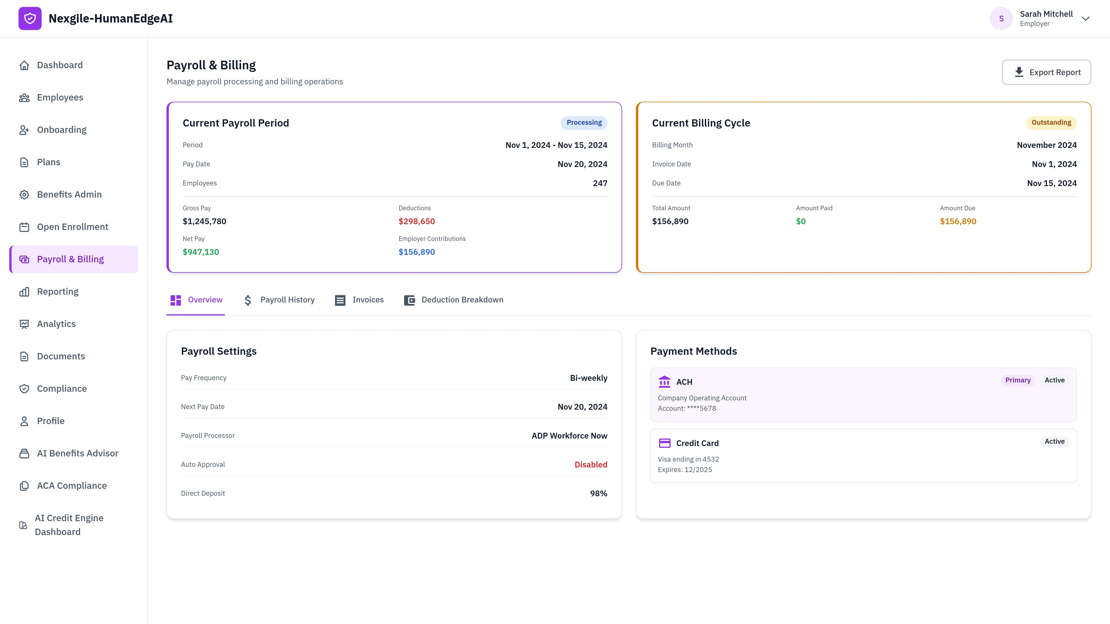 Illustrative preview (sample data, not verified outcomes): Employer Payroll & Billing Dashboard