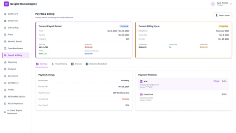 Illustrative preview (sample data, not verified outcomes): Employer Payroll & Billing Dashboard