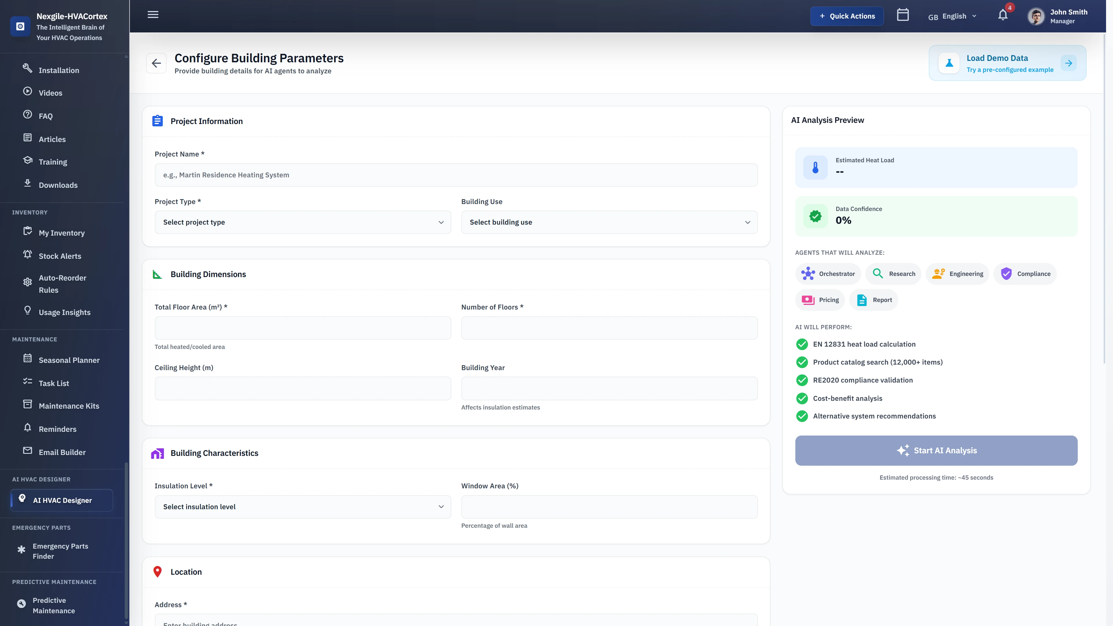 Illustrative preview (sample data, not verified outcomes): Configure Building Parameters - Multi-step form for entering project info, building dimensions, and location for AI-powered HVAC analysis