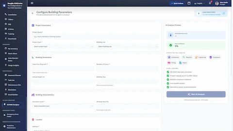 Illustrative preview (sample data, not verified outcomes): Configure Building Parameters - Multi-step form for entering project info, building dimensions, and location for AI-powered HVAC analysis