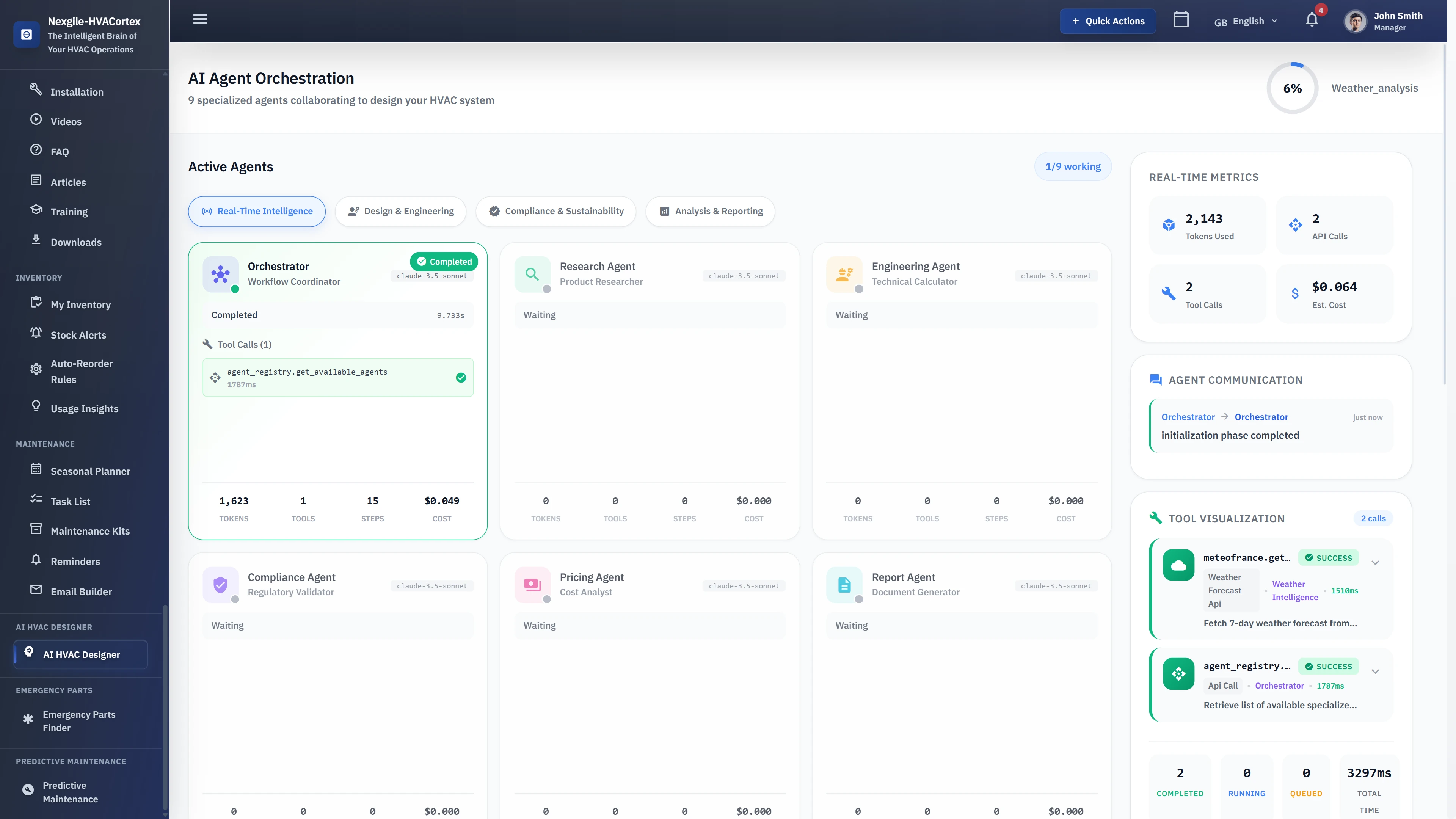 Illustrative preview (sample data, not verified outcomes): AI Agent Orchestration - Real-time visualization of 9 specialized agents collaborating with metrics, API calls, and tool execution status