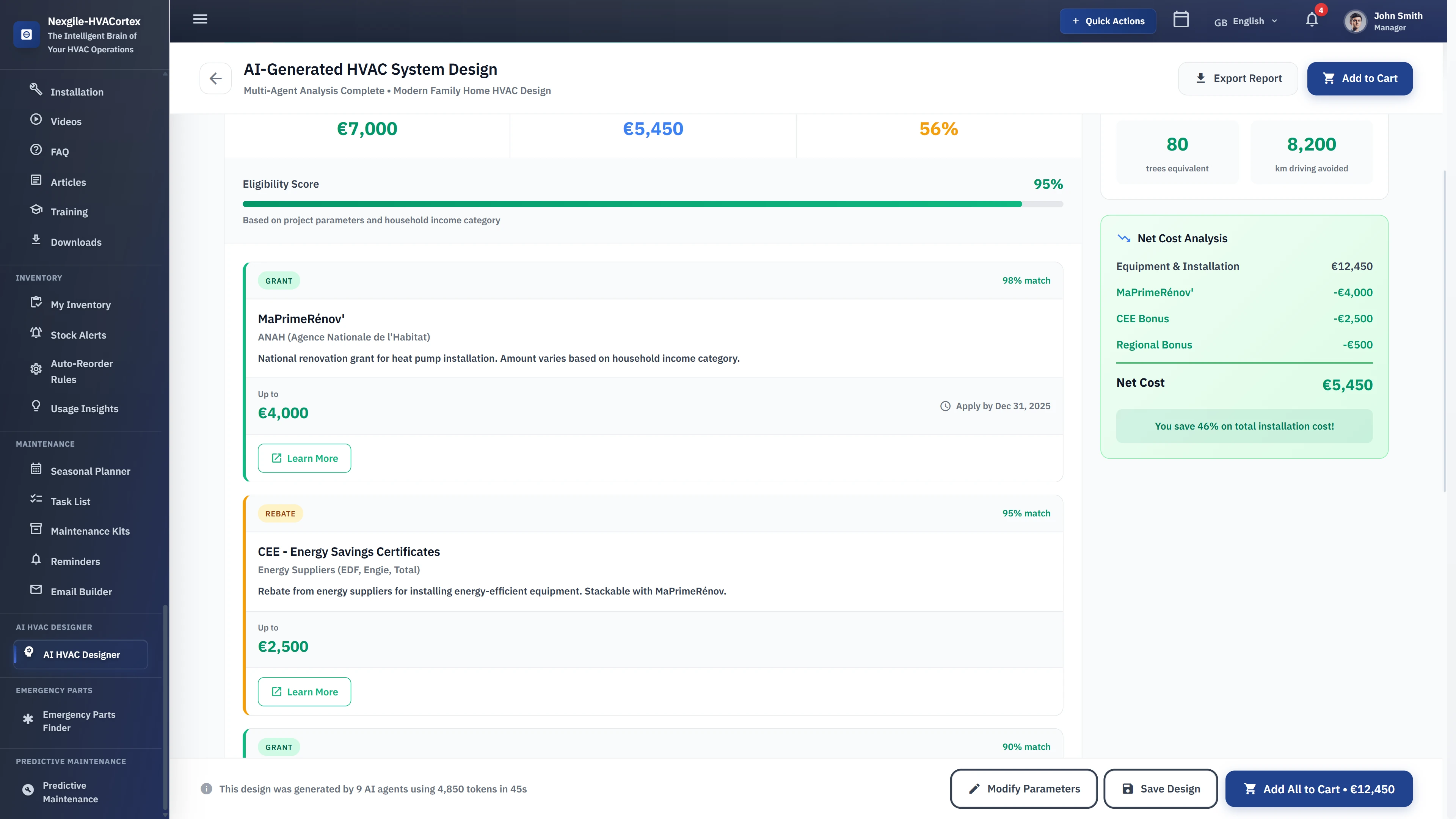 Illustrative preview (sample data, not verified outcomes): Incentives & Rebates Analysis - Available grants (MaPrimeRénov', CEE certificates) with 95% eligibility scoring and 46% cost savings calculation