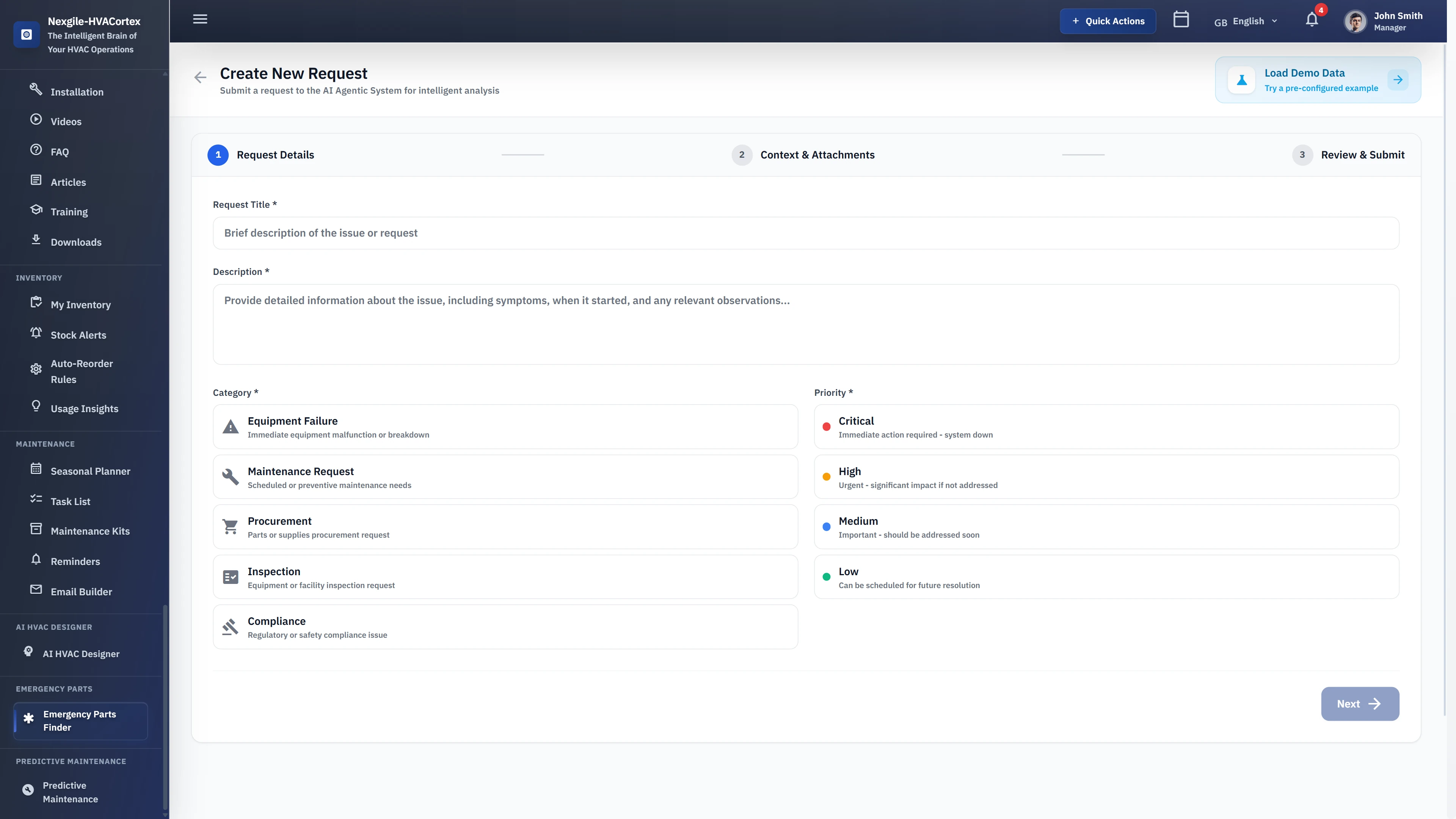 Illustrative preview (sample data, not verified outcomes): Service Request Form - Create new request with category selection (Equipment Failure, Maintenance, Procurement, Inspection) and priority levels