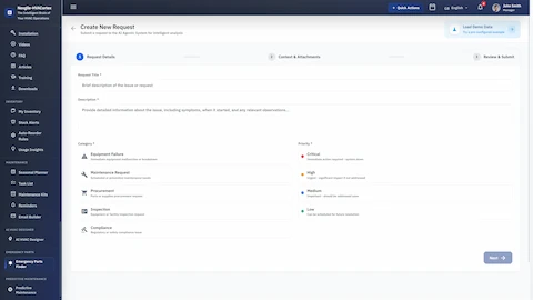 Illustrative preview (sample data, not verified outcomes): Service Request Form - Create new request with category selection (Equipment Failure, Maintenance, Procurement, Inspection) and priority levels