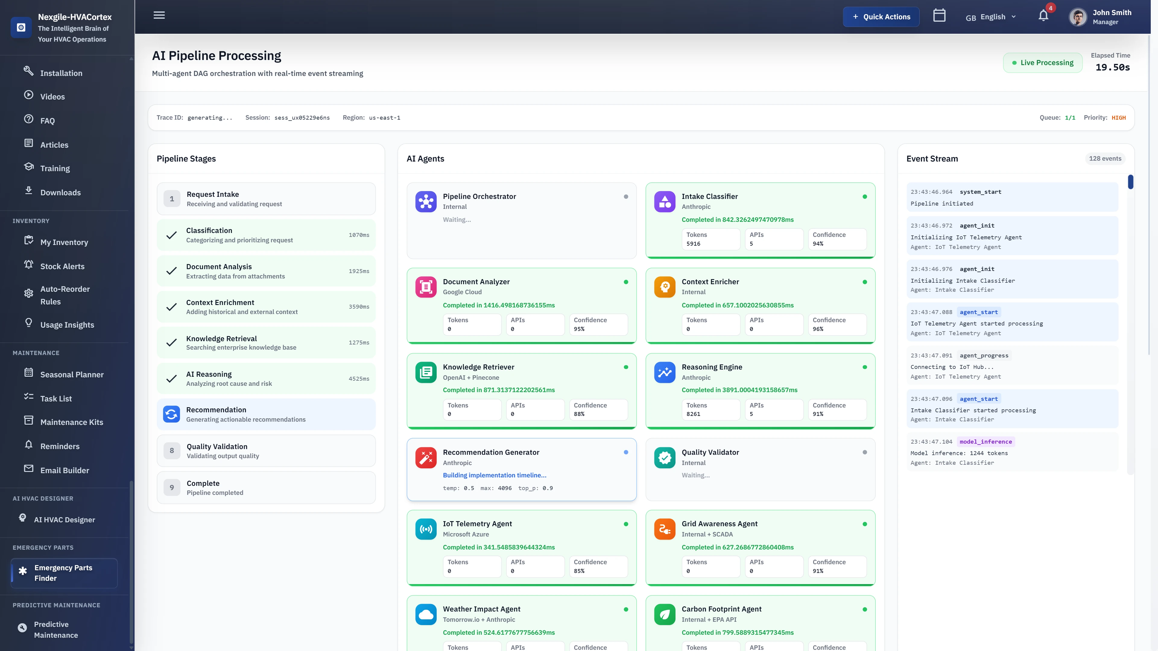 Illustrative preview (sample data, not verified outcomes): AI Pipeline Processing - Multi-agent DAG orchestration with real-time event streaming showing pipeline stages and agent execution status
