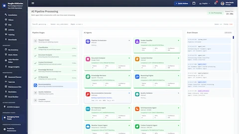 Illustrative preview (sample data, not verified outcomes): AI Pipeline Processing - Multi-agent DAG orchestration with real-time event streaming showing pipeline stages and agent execution status