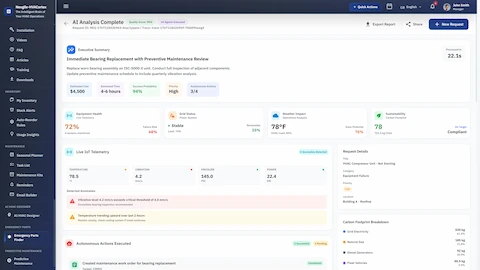 Illustrative preview (sample data, not verified outcomes): AI Analysis Complete - Executive summary with maintenance recommendations, live IoT telemetry, anomaly detection, and autonomous actions