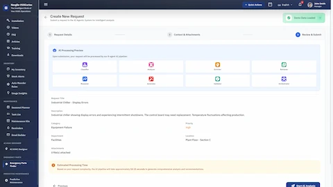 Illustrative preview (sample data, not verified outcomes): Review & Submit - Request preview showing 8-agent AI pipeline visualization, request details summary, and estimated processing time