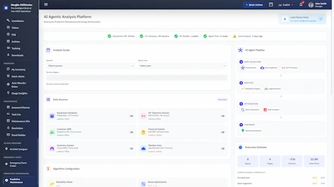 Illustrative preview (sample data, not verified outcomes): AI Agentic Analysis Platform - Configuration interface with 6 data sources, analysis scope settings, and 4-stage AI agent pipeline preview