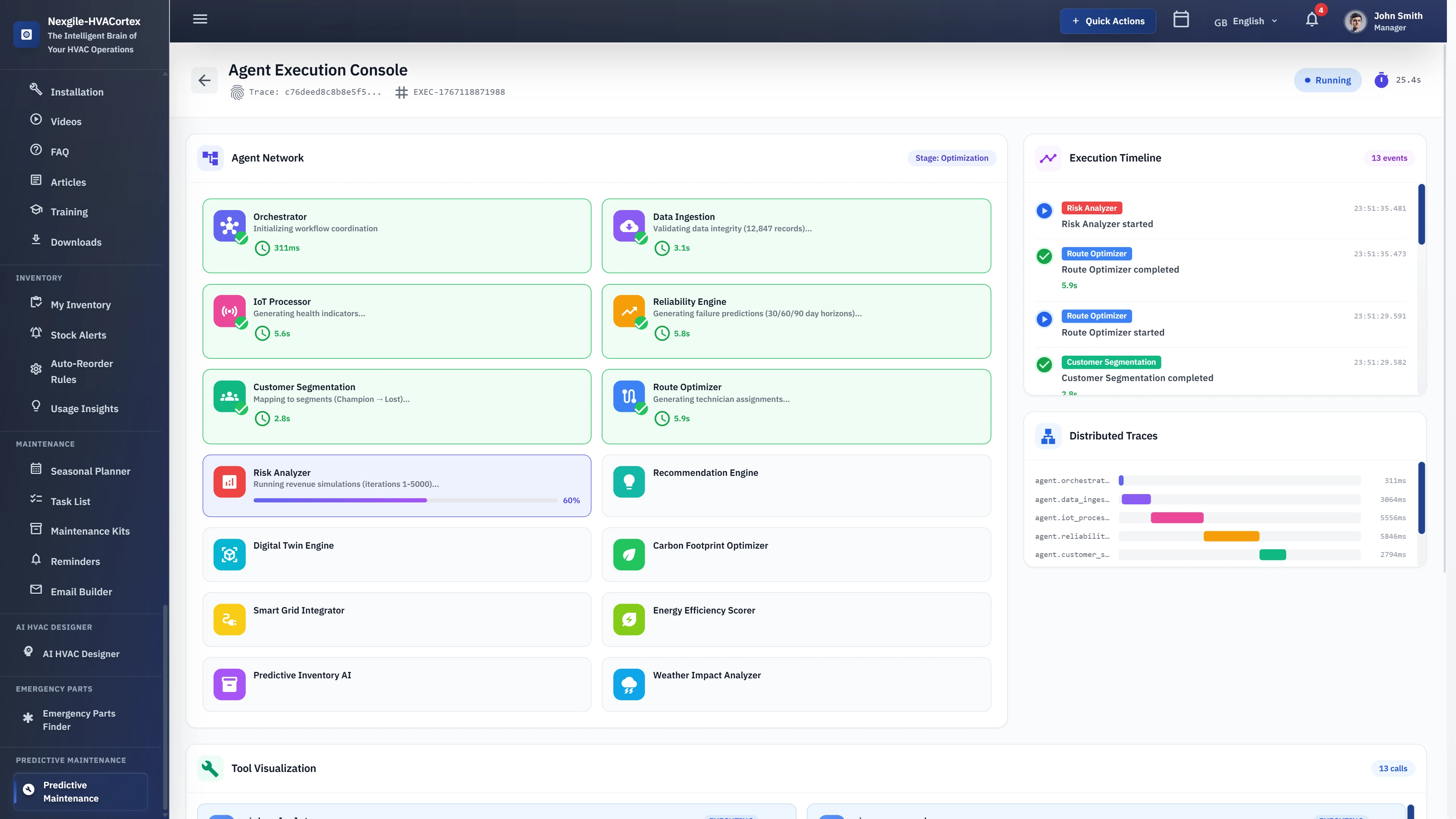 Illustrative preview (sample data, not verified outcomes): Agent Execution Console - Real-time network visualization of 14 specialized agents with execution timeline and distributed traces