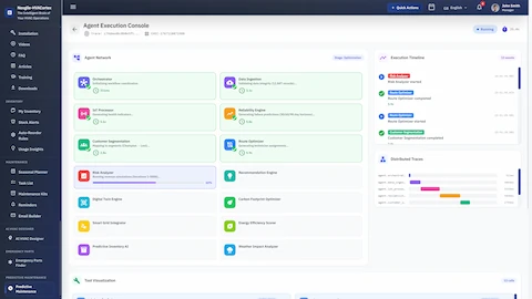 Illustrative preview (sample data, not verified outcomes): Agent Execution Console - Real-time network visualization of 14 specialized agents with execution timeline and distributed traces