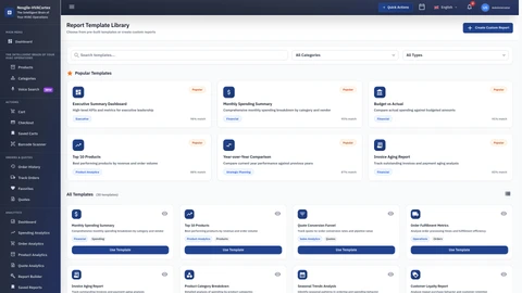 Illustrative preview (sample data, not verified outcomes): Analytics Reports Templates - Custom report builder with template management interface