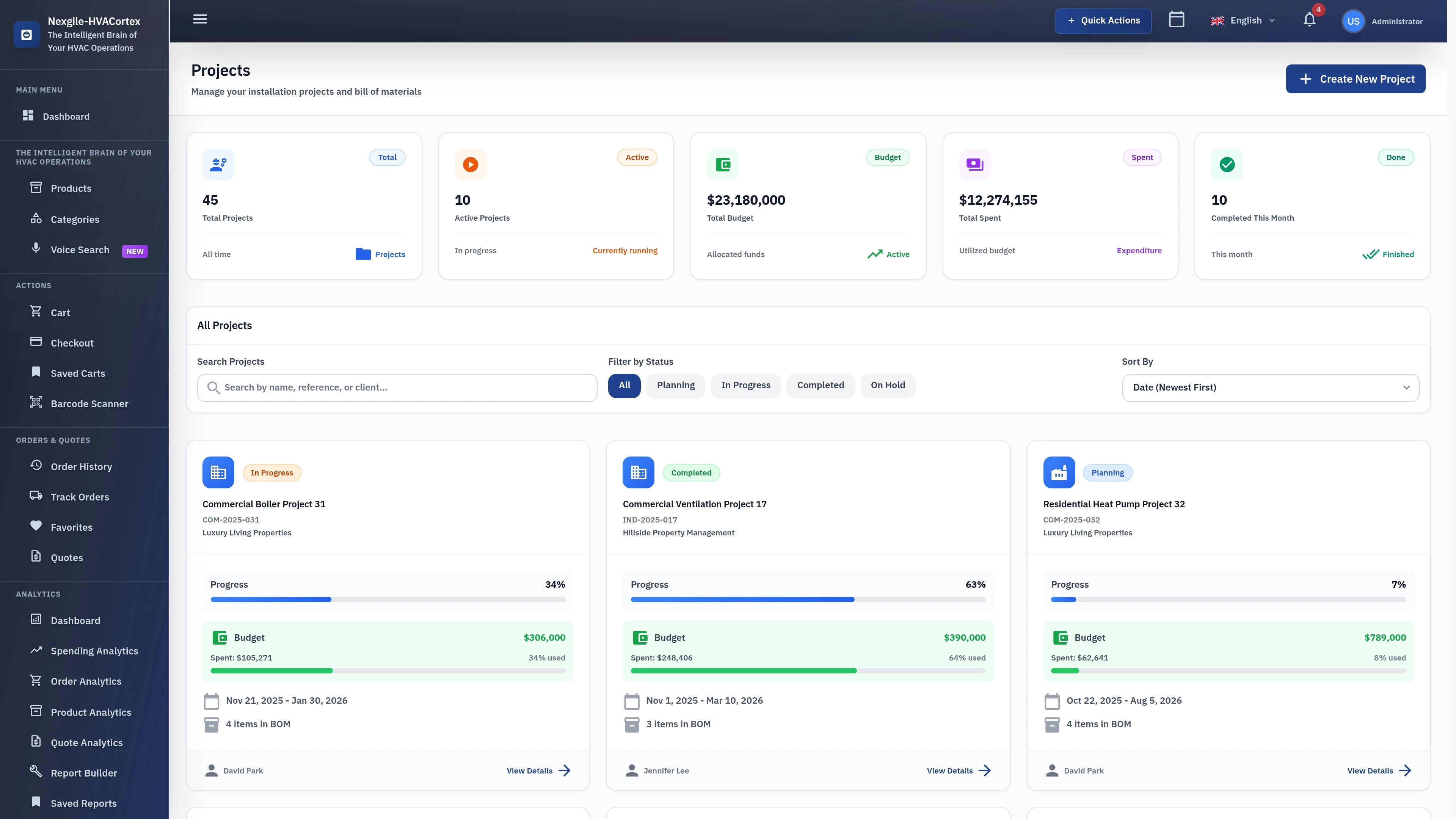 Illustrative preview (sample data, not verified outcomes): Projects Page - Comprehensive project management and tracking interface