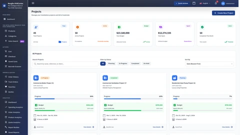 Illustrative preview (sample data, not verified outcomes): Projects Page - Comprehensive project management and tracking interface