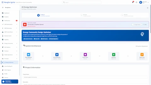 Illustrative preview (sample data, not verified outcomes): Energy Community Design Optimizer - System architecture overview with 5 specialized agents for REC optimization workflow