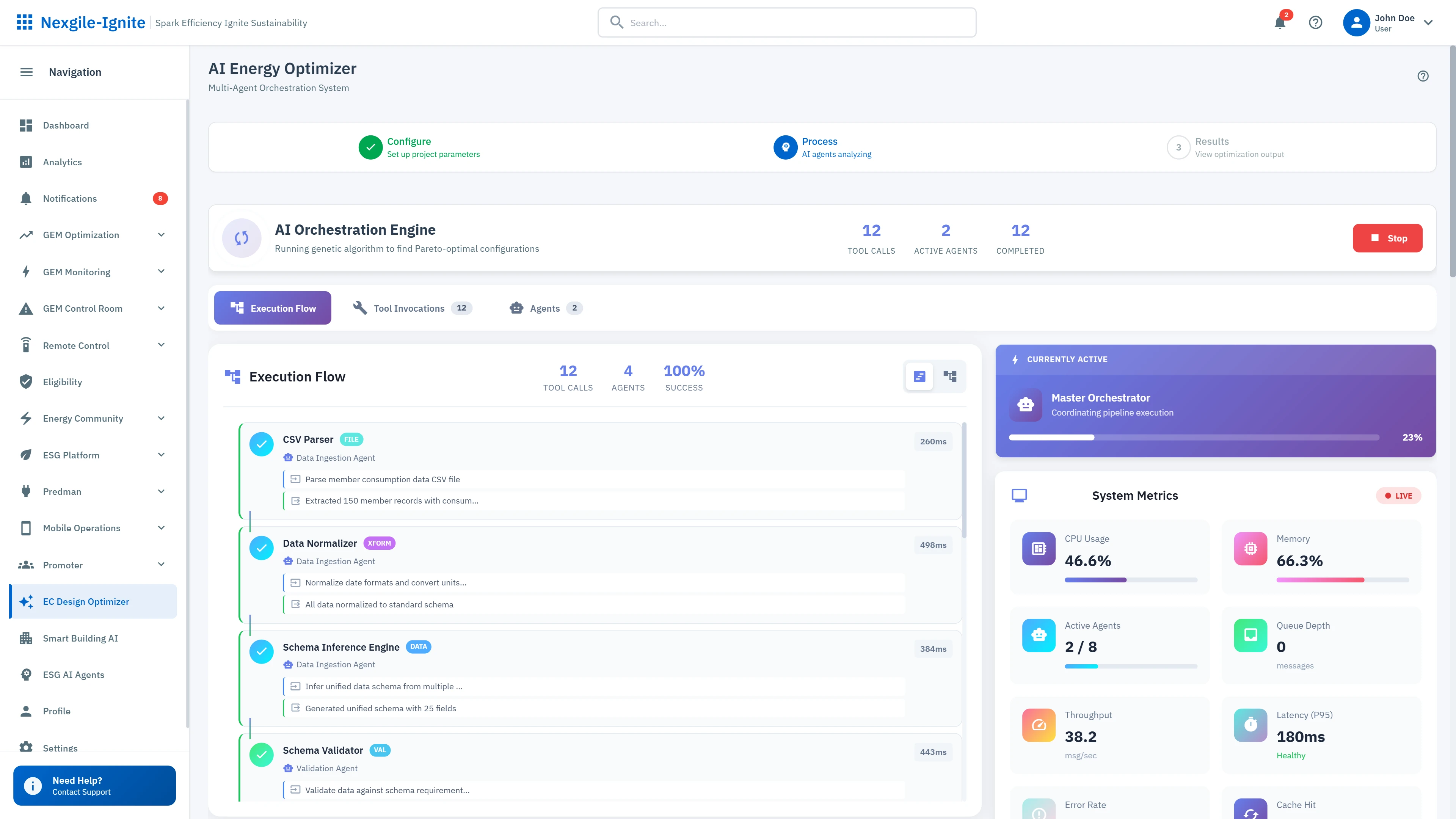 Illustrative preview (sample data, not verified outcomes): AI Orchestration Engine - Real-time execution flow showing agent coordination with system metrics and performance indicators