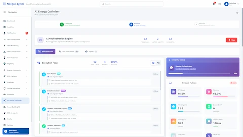 Illustrative preview (sample data, not verified outcomes): AI Orchestration Engine - Real-time execution flow showing agent coordination with system metrics and performance indicators