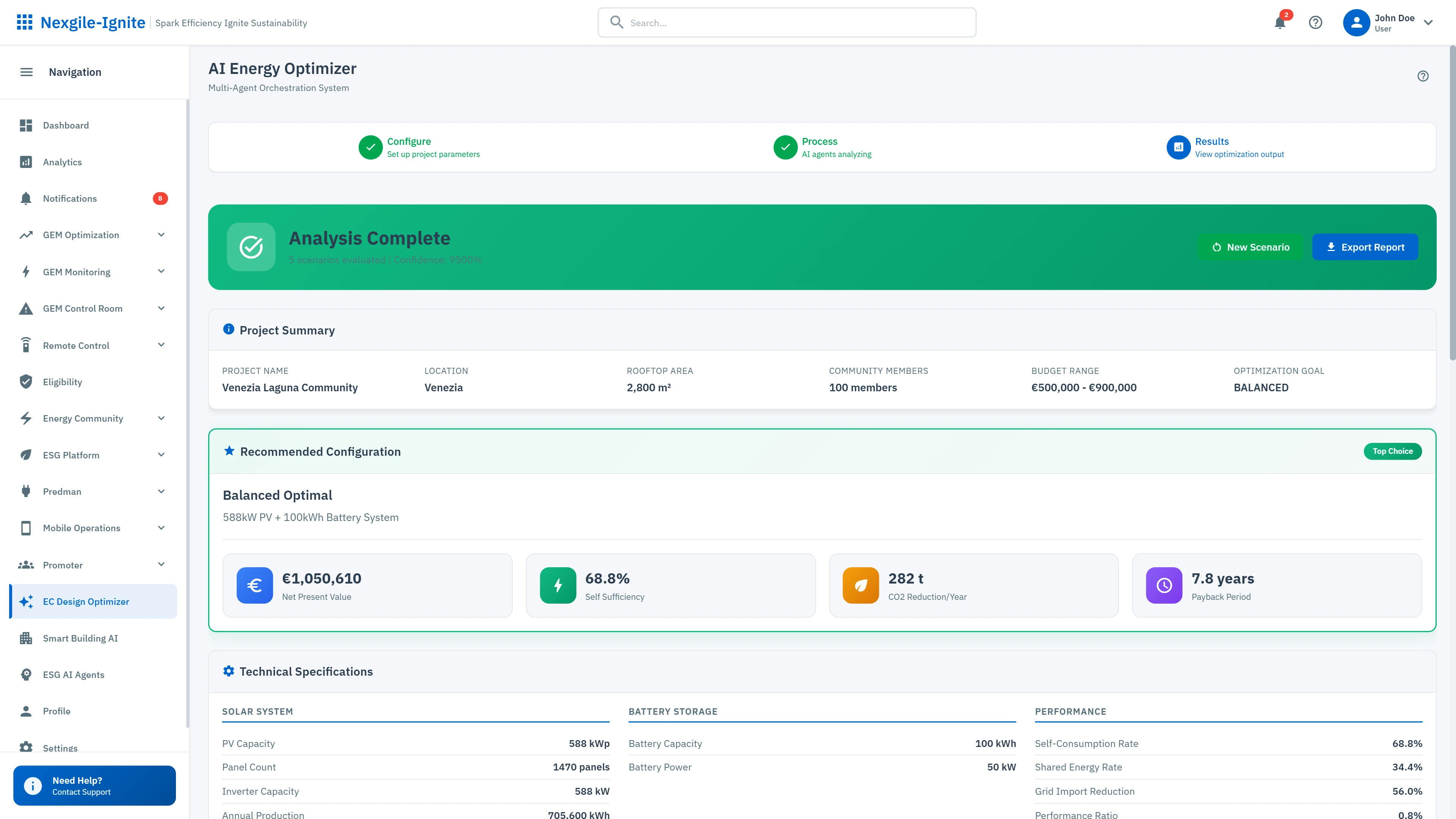 Illustrative preview (sample data, not verified outcomes): Analysis Complete Dashboard - Comprehensive project summary with financial metrics, optimal configuration results, and technical specifications