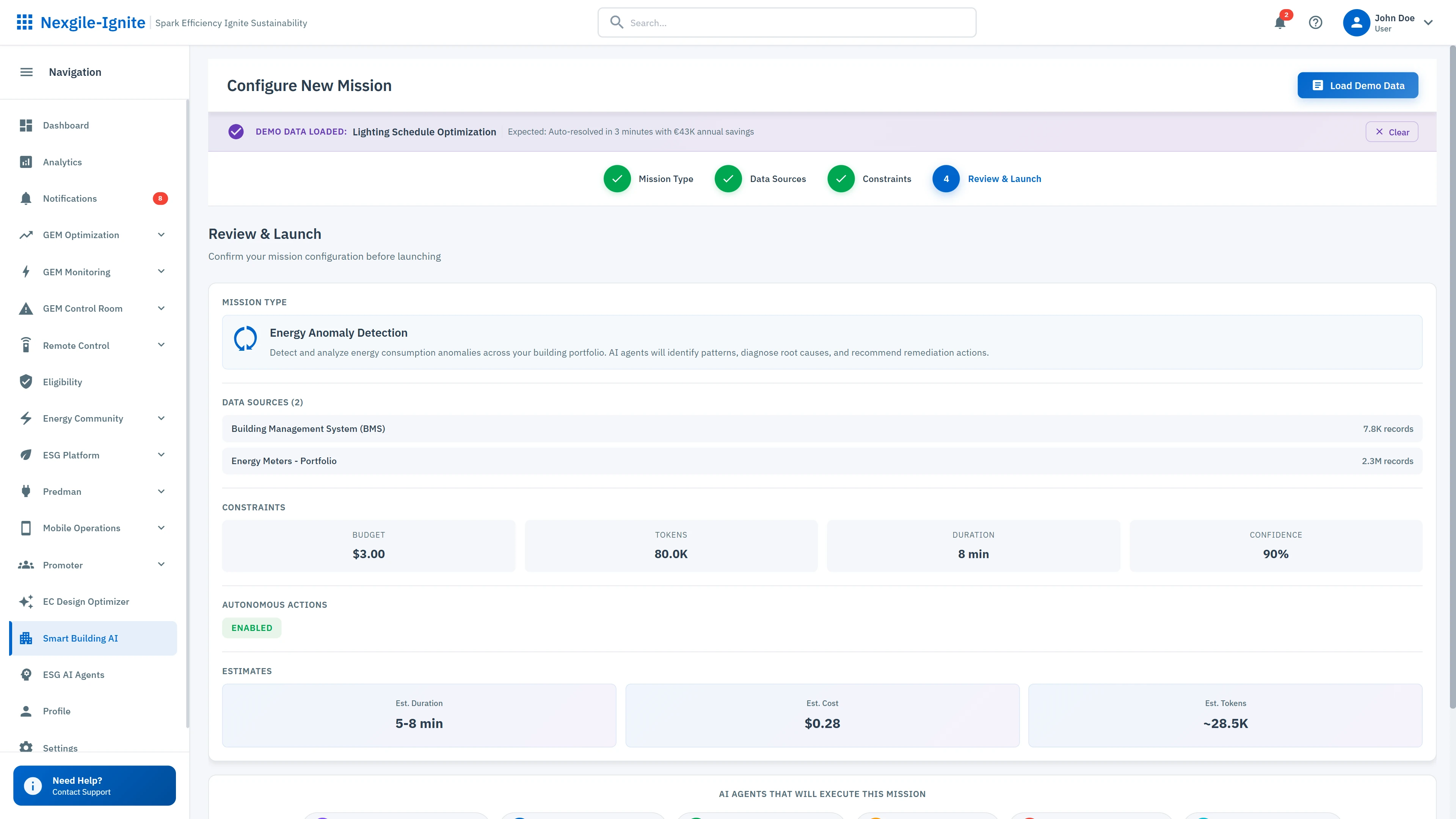 Illustrative preview (sample data, not verified outcomes): Mission Configuration Interface - Configure energy anomaly detection missions with data sources, constraints, and autonomous action settings