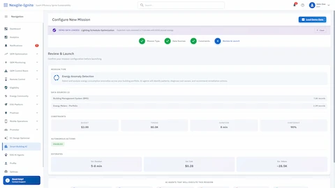 Illustrative preview (sample data, not verified outcomes): Mission Configuration Interface - Configure energy anomaly detection missions with data sources, constraints, and autonomous action settings