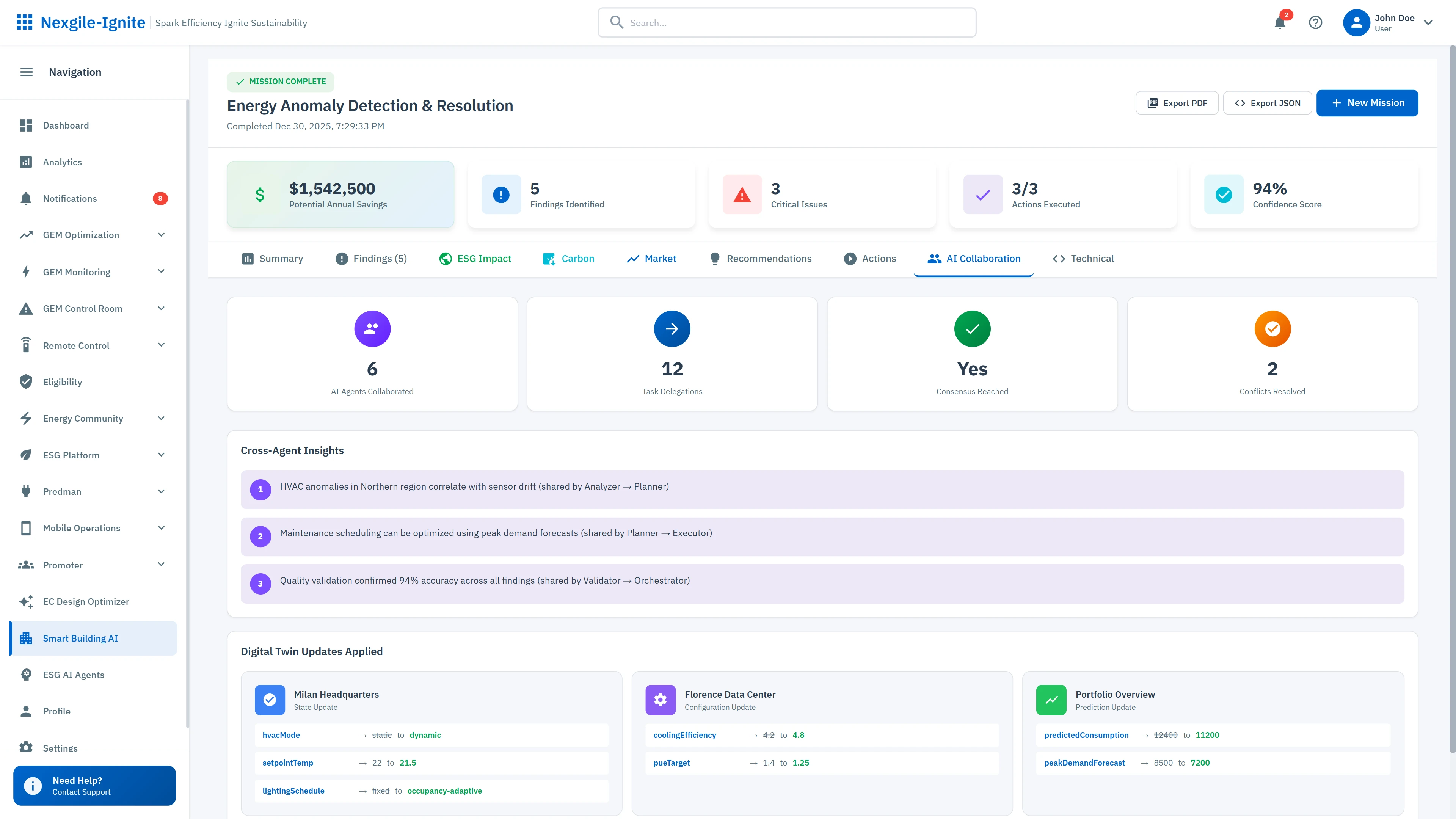 Illustrative preview (sample data, not verified outcomes): AI Collaboration Summary - Mission insights with agent performance metrics and recent tool executions for pattern learning